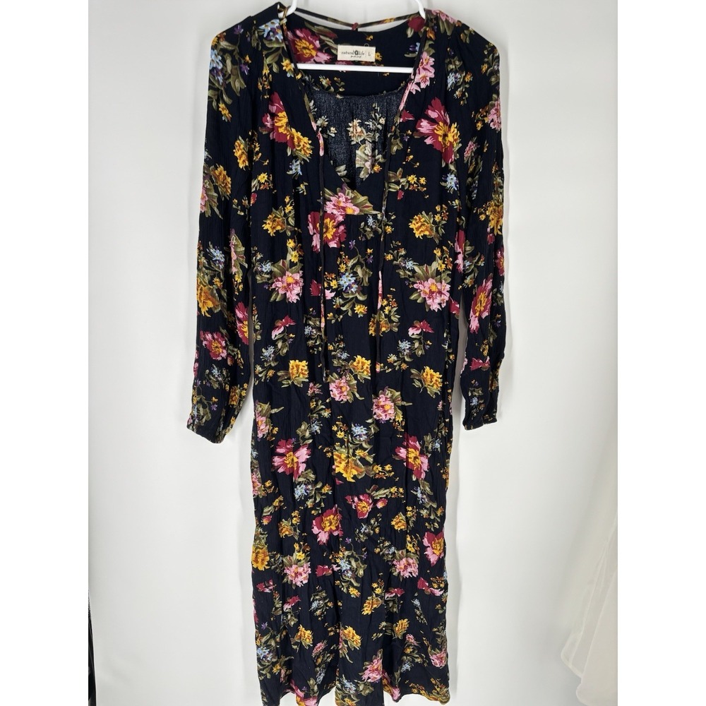 Natural Life Women Rowan Dress L Crinkle Boho Peasant Long Sleeve Dark Cottage